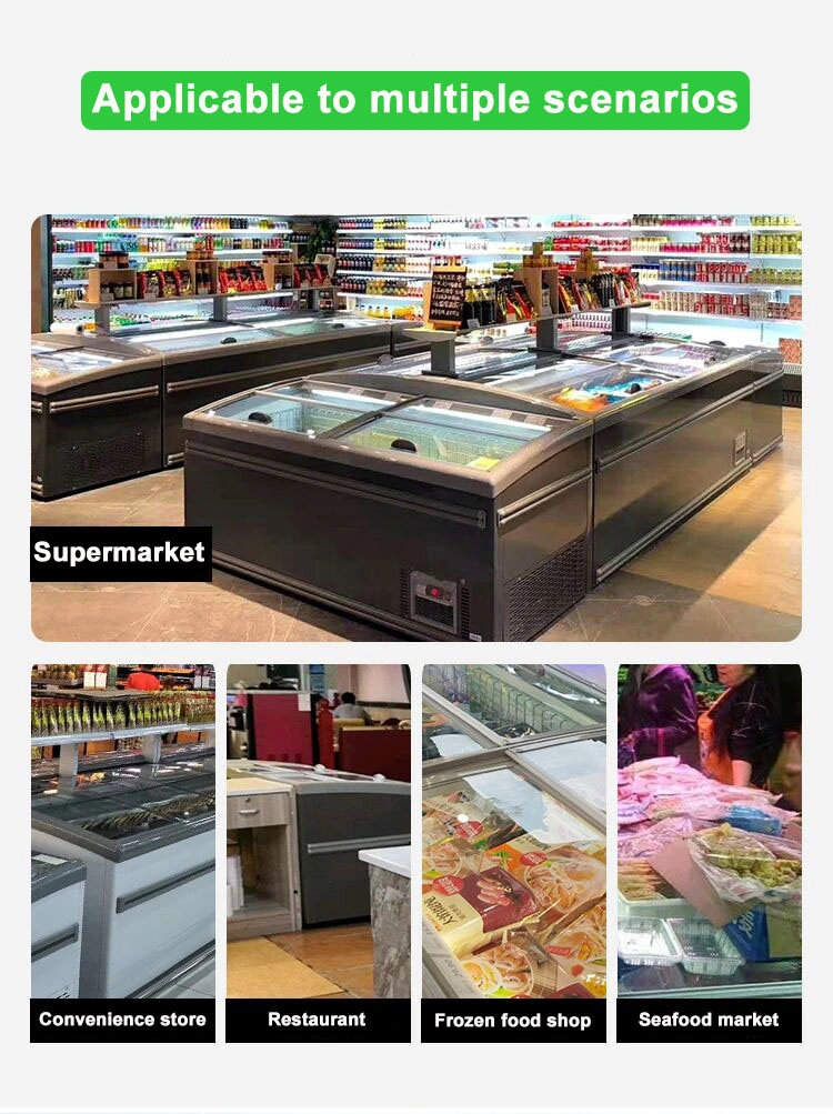 Supermarket Auto Defrost Top Open Glass Door Combine Display Showcase Chest Deep Island Freezer